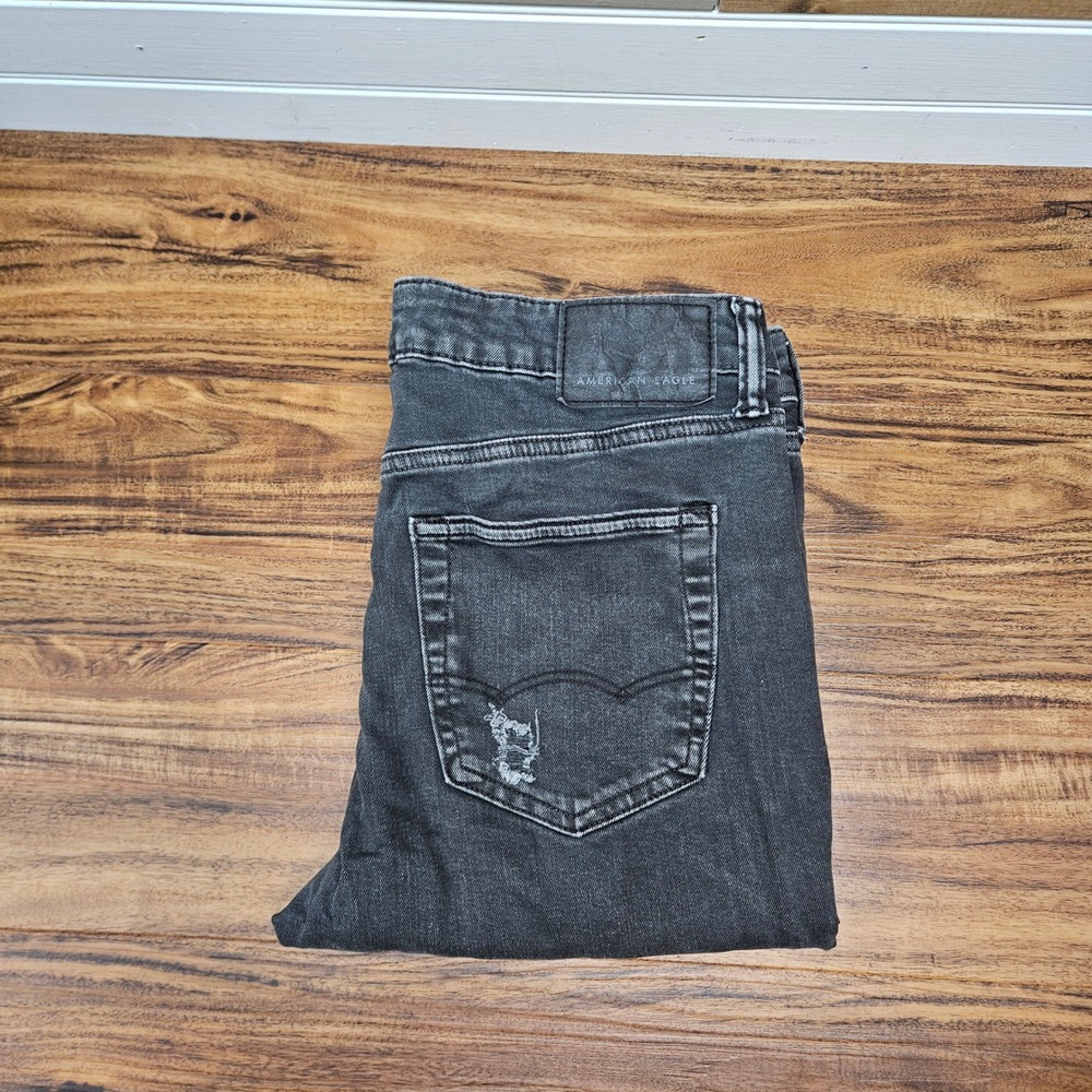 American Eagle Airflex+ Distressed Skinny Jeans Mens 33x30 Black Ripped Denim